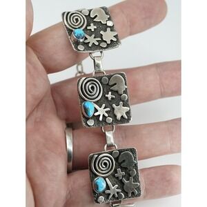 Alex Sanchez Navajo Sterling Silver Petroglyph Turquoise‎ Square Linked Bracelet